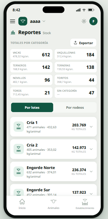 App móvil de Creciente Fértil mostrando reportes de stock
